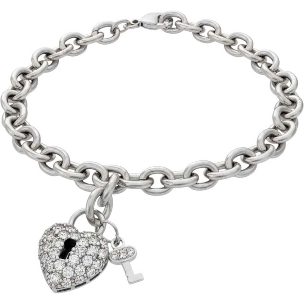 Nordstrom Crystal Collection Silver Heart Lock and Key Charm Chain Bracelet Love